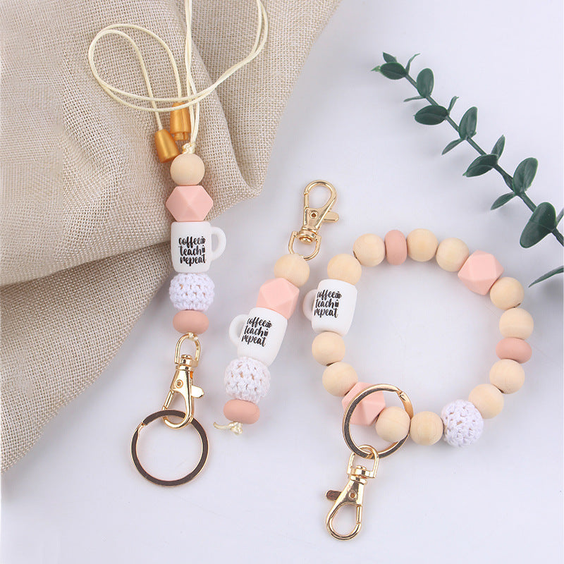Wholesale Wooden Bead Wrist Pendant DIY Beaded Keychain Ring